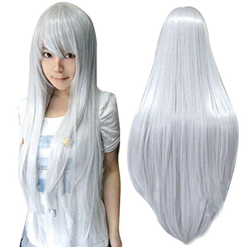Anogol Hair Cap+32Inch/80cm Silver Wig for Women Cosplay Wig  Peluca Larga Plateada for Anime Cosplay Women Halloween Costumes  Silver White Wig Straight Wig for Halloween Party - Image 1